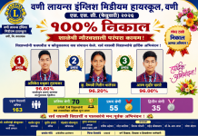 वणी लायन्स इंग्लिश मिडीयम हायस्कूल चा एस.एस.सी. परीक्षेत १०० टक्के निकाल