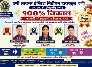 वणी लायन्स इंग्लिश मिडीयम हायस्कूल चा एस.एस.सी. परीक्षेत १०० टक्के निकाल